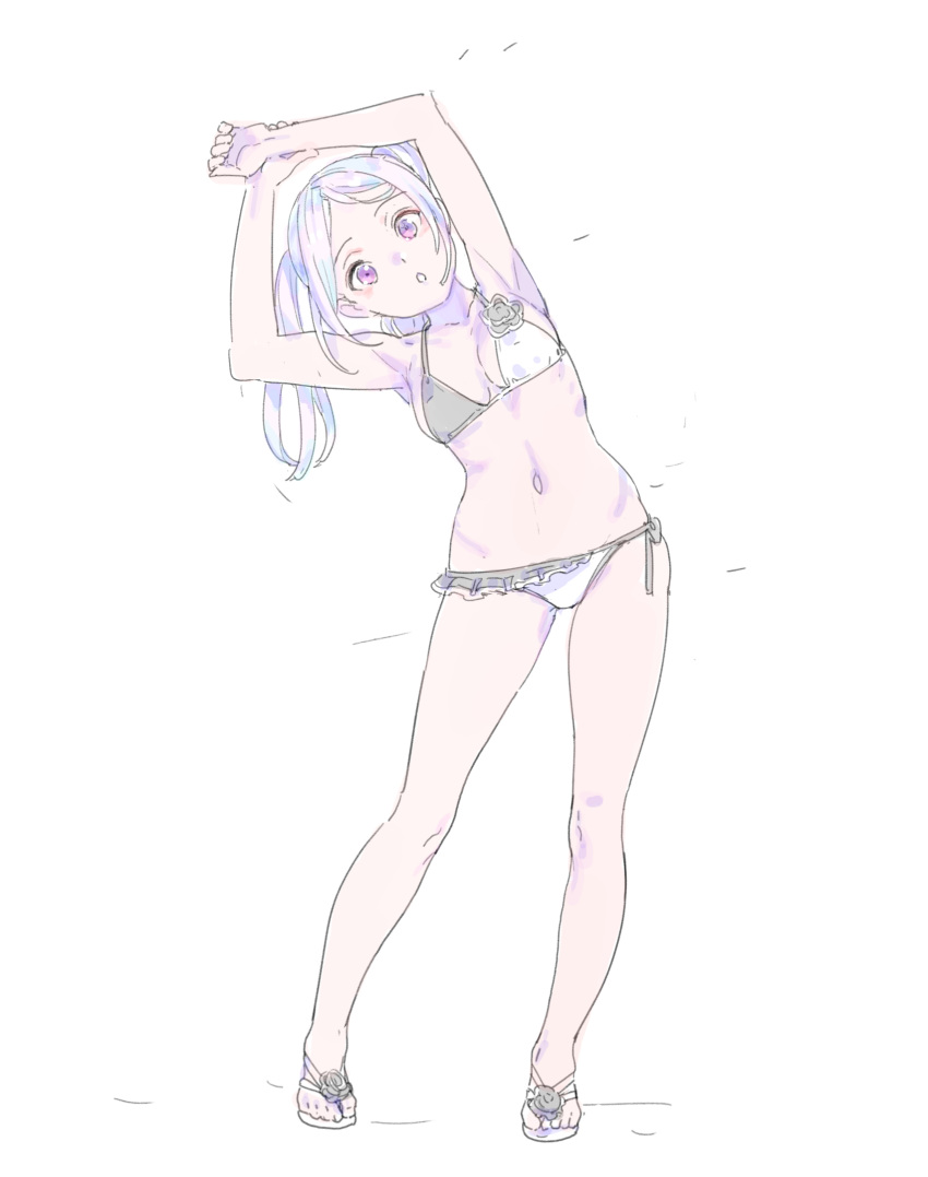 :o bangs bare_arms bare_legs bare_shoulders bikini blue_hair breasts contrapposto full_body hands_up highres leaning_to_the_side looking_at_viewer medium_breasts medium_hair nagisa_kurousagi navel original parted_bangs purple_eyes sandals simple_background solo stretch swimsuit twintails white_background white_bikini_bottom