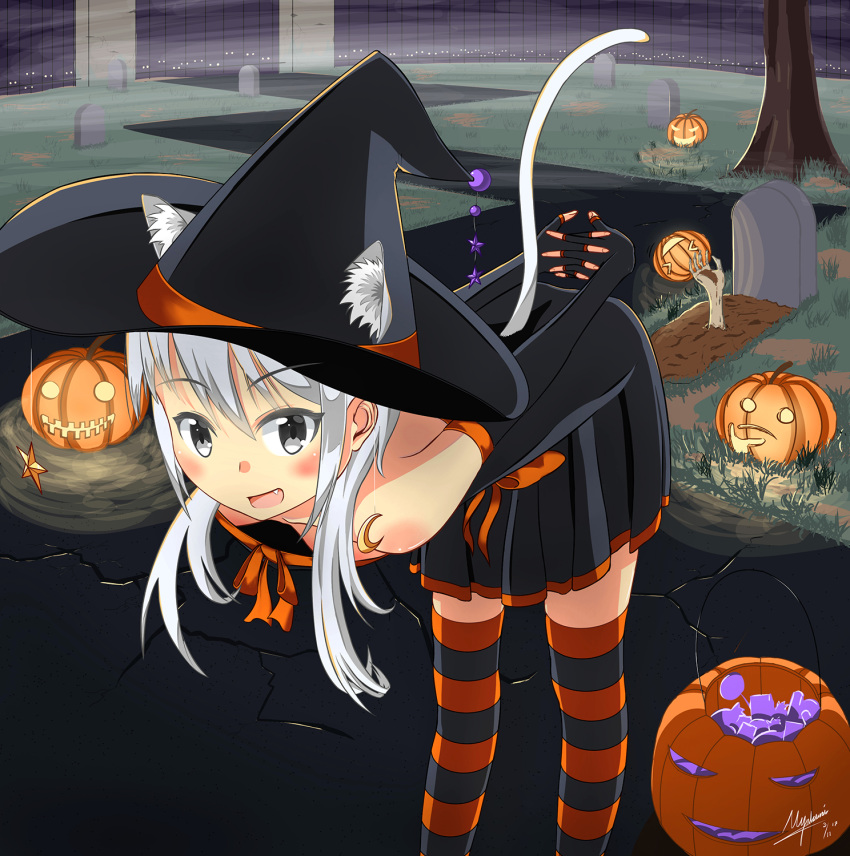 1girl 2017 animal_ears arms_behind_back artist_name bent_over blush breasts candy cat_ears cleavage costume dated downblouse eyebrows_visible_through_hair fang fog food gloves glowing grass graveyard grey_eyes halloween halloween_costume hat interlocked_fingers leaning_forward lollipop long_hair looking_at_viewer myukuni night open_mouth original outdoors plant pumpkin silver_hair small_breasts smile solo standing tail thighhighs tombstone tree witch_hat