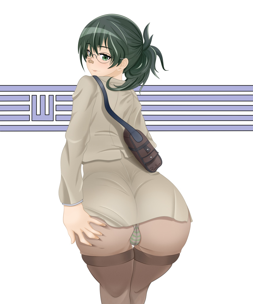 1girl ass bag bandaid bandaid_on_nose blush bussiness_suit female formal from_behind green_eyes green_hair high_resolution jacket megane miniskirt panties pantyhose picantium ponytail skirt striped striped_panties suit tessou_tsuzuri tied_hair to_aru_kagaku_no_railgun to_aru_majutsu_no_index underwear