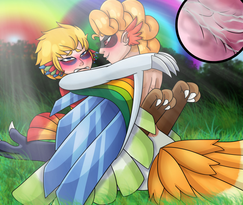 alternate_species animal_humanoid avian avian_humanoid blonde_hair blue_eyes blue_feathers blush clothed clothing cum cum_inside digital_media_(artwork) double_rainbow duo dyna_blade dyna_blade_(species) feathers female green_feathers hair hi_res ho-oh humanoid humanoidized kirby kirby_(series) legendary_pok&eacute;mon male male/female nintendo penetration penis pok&eacute;mon pok&eacute;mon_(species) rainbow red_eyes red_feathers sex smile video_games white_feathers winged_arms wings yellow_feathers yoshimister