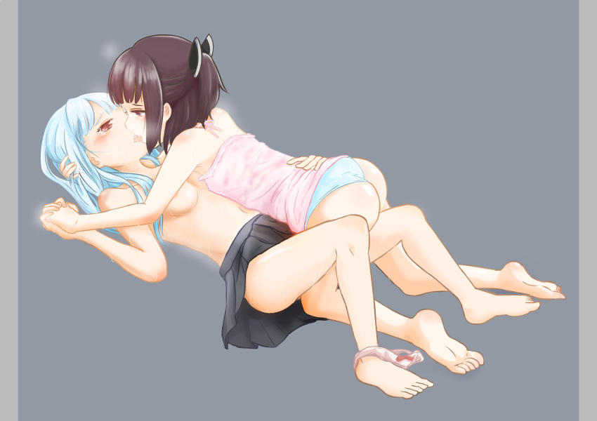 2girls ass bare_legs barefoot black_skirt blue_hair blush bow bow_panties breasts eye_contact female french_kiss hand_on_another's_back interlocked_fingers kiss kotonoha_aoi leg_between_thighs looking_at_another lying medium_breasts multiple_girls navel no_pants on_back panties panties_around_leg pleated_skirt polka_dot polka_dot_panties red_eyes simple_background skirt sweat topless touhoku_kiritan underwear voiceroid yuri