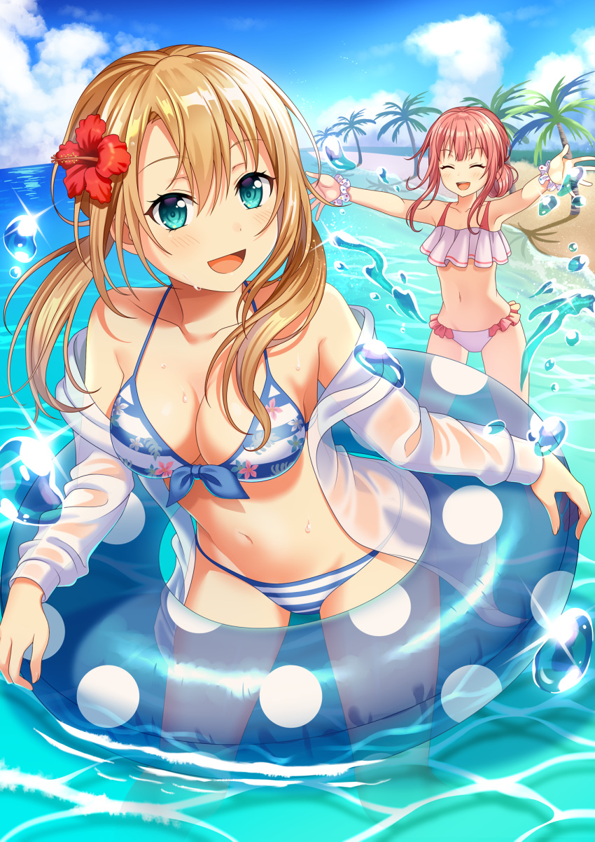 :d aqua_eyes beach bikini blonde_hair blue_sky breasts cleavage closed_eyes clothes_down cloud collarbone day eyebrows_visible_through_hair flat_chest flower frilled_bikini frills hair_between_eyes hair_flower hair_ornament hibiscus highres innertube jacket long_hair medium_breasts multiple_girls navel ocean open_clothes open_jacket open_mouth original outdoors outstretched_arms palm_tree pink_hair polka_dot red_flower scrunchie shiny shiny_hair sidelocks sky smile sparkle standing striped striped_bikini swimsuit tied_hair transparent tree twintails wading water wet_jacket white_bikini white_jacket white_polka_dots white_scrunchie wrist_scrunchie yuusa