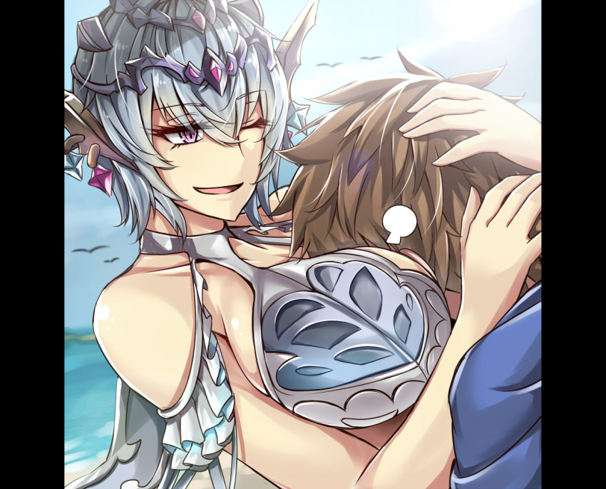 1girl :d beach between_breasts bird blue_hair blurry blurry_background breasts brown_hair commentary_request day eyebrows_visible_through_hair gran_(granblue_fantasy) granblue_fantasy hair_between_eyes head_between_breasts headpiece hug huge_breasts macula_marius maid_bikini one_eye_closed open_mouth outdoors pillarboxed purple_eyes sanmotogoroo smile