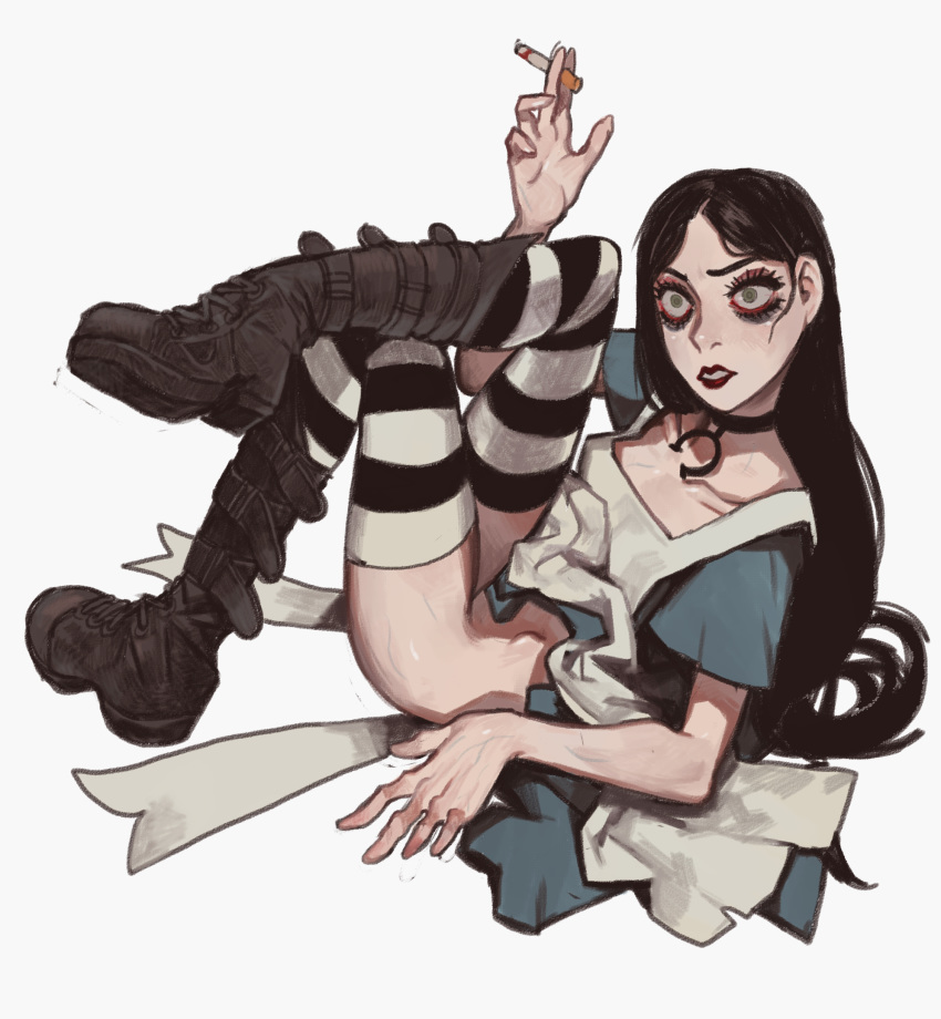 1girl alice:_madness_returns alice_in_wonderland alice_liddell american_mcgee's_alice apron black_lips boots choker dress lipstick makeup mossa smoking solo striped striped_legwear thighhighs