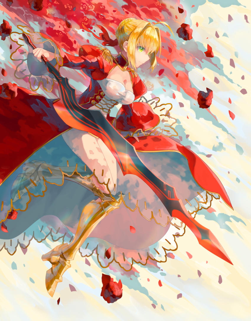 ahoge armored_boots blonde_hair boots breasts choker cleavage dress fate/extra fate_(series) flower full_body green_eyes hair_bun hair_ribbon highres holding holding_sword holding_weapon knee_boots long_dress medium_breasts nero_claudius_(fate) nero_claudius_(fate)_(all) petals red_flower red_ribbon red_rose ribbon rose see-through short_hair sidelocks sirohi solo sword tied_hair weapon yellow_footwear
