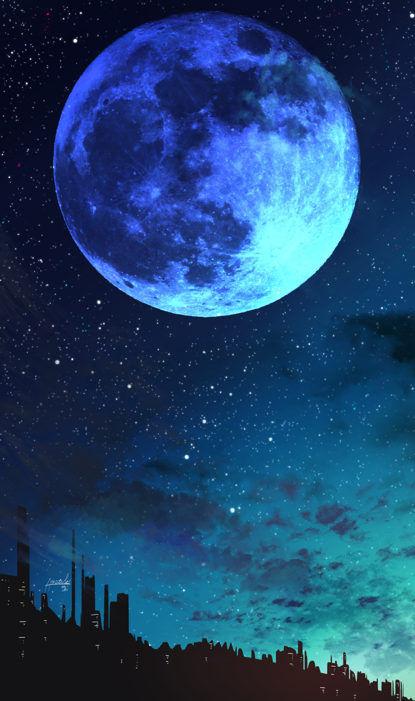amatsuki_rei blue cityscape commentary_request full_moon highres monochrome moon night night_sky no_humans original outdoors scenery signature silhouette sky star_(sky) starry_sky