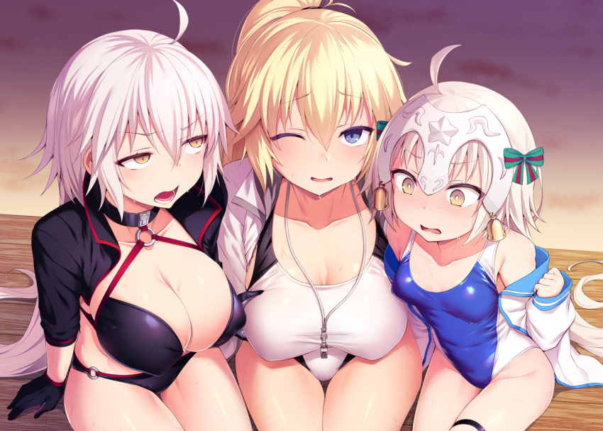 ahoge alternate_costume bare_shoulders bikini blonde_hair blue_eyes blush breasts cleavage commentary_request covered_nipples drawstring eyebrows_visible_through_hair fate/grand_order fate_(series) gloves groin hair_between_eyes headpiece jeanne_d'arc_(alter_swimsuit_berserker) jeanne_d'arc_(fate)_(all) jeanne_d'arc_(swimsuit_archer) jeanne_d'arc_alter_santa_lily large_breasts long_hair medium_breasts multiple_girls off_shoulder one_eye_closed open_mouth satou_kuuki short_hair shrug_(clothing) small_breasts swimsuit swimsuit_under_clothes thigh_gap thigh_strap very_long_hair white_hair yellow_eyes