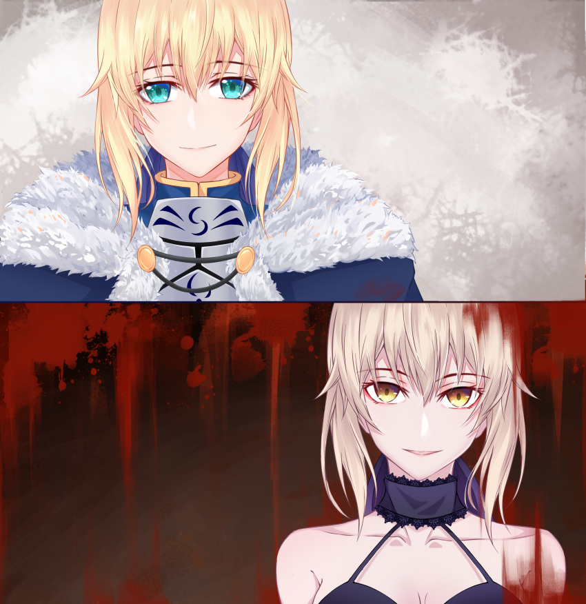 333_(pixiv8601259) absurdres aqua_eyes artoria_pendragon_(all) blonde_hair blood blood_splatter breastplate breasts choker cleavage collarbone dual_persona eyebrows_visible_through_hair fate/stay_night fate_(series) fur_trim hair_between_eyes halterneck highres looking_at_viewer multiple_girls parted_lips portrait saber saber_alter sidelocks silver_hair sleeveless small_breasts smile yellow_eyes