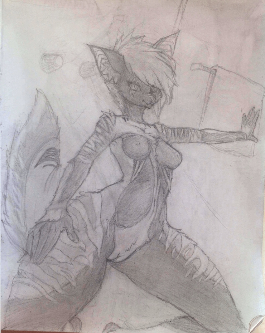 2018 anthro big_butt butt callie_(hyunidae) female fur hair hi_res nipples nude pussy simple_background smile solo uhwarby