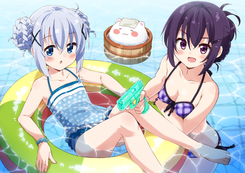 :3 :d :o afloat aiming_at_viewer angora_rabbit bare_shoulders barefoot bikini blue_eyes blue_hair blue_swimsuit blush_stickers breasts bucket bunny casual_one-piece_swimsuit closed_eyes commentary_request covered_navel flat_chest gochuumon_wa_usagi_desu_ka? gun hair_ornament hairclip highres holding holding_gun holding_weapon innertube kafuu_chino looking_at_viewer medium_breasts mousou_(mousou_temporary) multiple_girls one-piece_swimsuit open_mouth partially_submerged plaid plaid_bikini polka_dot polka_dot_swimsuit purple_bikini purple_eyes purple_hair reclining smile swimsuit tedeza_rize tippy_(gochiusa) towel towel_on_head wading water water_gun weapon wristband