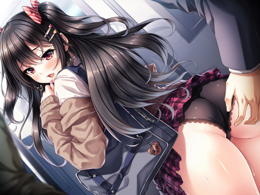 ass ass_grab bag bangs black_hair black_panties blush bow cardigan chikan earrings eyebrows_visible_through_hair fang fingernails grabbing_another's_ass groping hair_bow hair_ornament hairclip hasumi_(hasubatake39) heart heart_earrings hetero highres jewelry lace lace-trimmed_panties lips long_hair looking_at_viewer looking_back molestation multiple_boys nail_polish off_shoulder open_mouth original panties pink_nails pink_skirt plaid plaid_skirt pussy_juice school_bag school_uniform shirt skirt skirt_lift solo_focus striped striped_bow sweat train_interior two_side_up underwear white_shirt