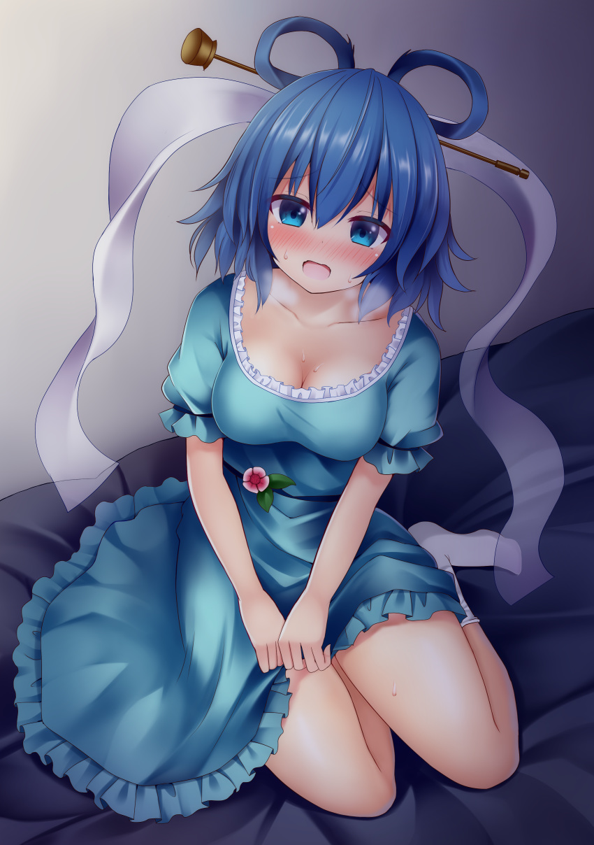 absurdres bangs bed blue_dress blue_hair blush breasts breath cleavage commentary_request dress eyebrows_visible_through_hair flower frilled_dress frills full_body hair_between_eyes hair_ornament hair_rings hair_stick head_tilt heavy_breathing highres indoors kaku_seiga leaf looking_at_viewer nose_blush open_mouth pink_flower puffy_short_sleeves puffy_sleeves seiza shawl short_hair short_sleeves sitting socks solo suigetsu_(watermoon-910) sweat thighs touhou v_arms white_legwear