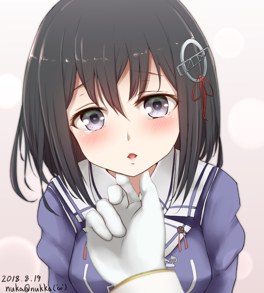 artist_name black_hair blush breasts chin_hold commentary_request dated eyebrows_visible_through_hair gloves gradient gradient_background haguro_(kantai_collection) hair_ornament highres jacket kantai_collection large_breasts long_sleeves looking_at_viewer medium_hair nuka_(nvkka) open_mouth pov pov_hands purple_eyes purple_jacket tearing_up tears white_gloves
