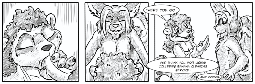 anthro banana clothed clothing colleen_(sugarnutz) comic dialogue duo english_text female flinters fluffy_bloodfang food fruit fur hair male mammal nude procyonid raccoon rodent squirrel text