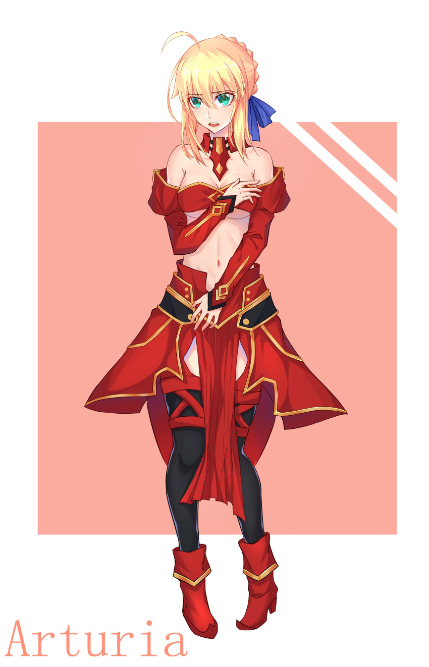 333_(pixiv8601259) absurdres ahoge aqua_eyes artoria_pendragon_(all) black_legwear blonde_hair blue_ribbon boots bra breasts character_name choker cleavage commentary_request cosplay covering covering_breasts covering_crotch embarrassed eyebrows_visible_through_hair fate/apocrypha fate/stay_night fate_(series) full_body gold_trim hair_between_eyes hair_intakes hair_ribbon highres hug looking_away midriff mordred_(fate) mordred_(fate)_(all) mordred_(fate)_(cosplay) navel open_mouth red_bra red_footwear red_skirt ribbon saber sidelocks skirt solo standing stomach striped striped_bra thighhighs tied_hair underboob underwear