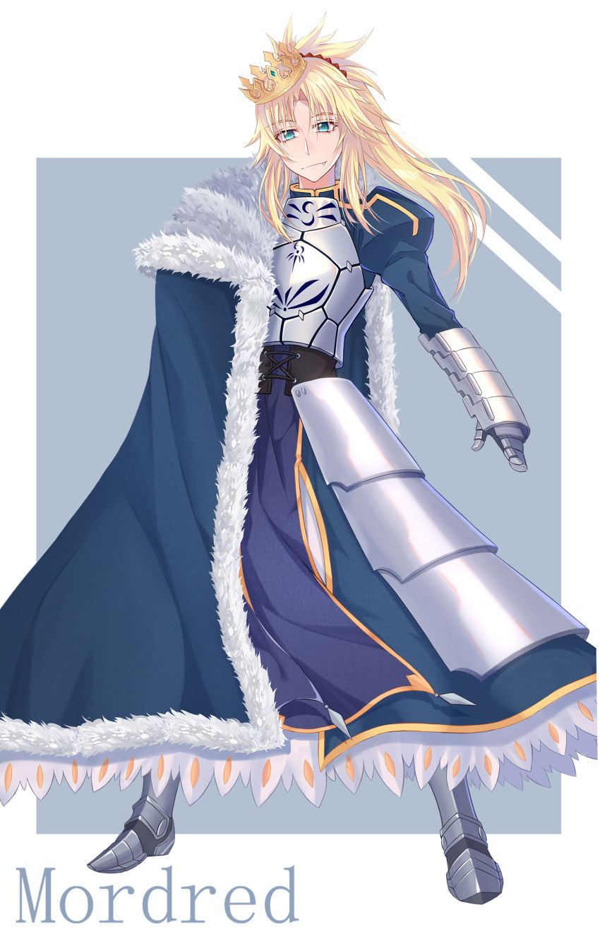 333_(pixiv8601259) absurdres aqua_eyes armor armored_boots armored_dress artoria_pendragon_(all) blonde_hair blue_cape blue_dress boots cape character_name cosplay crown dress eyebrows_visible_through_hair fang_out fate/apocrypha fate/stay_night fate_(series) floating_hair full_body fur_trim gauntlets hair_between_eyes hair_ornament hair_scrunchie head_tilt highres long_dress long_hair looking_at_viewer mordred_(fate) mordred_(fate)_(all) ponytail red_scrunchie saber saber_(cosplay) scrunchie solo standing