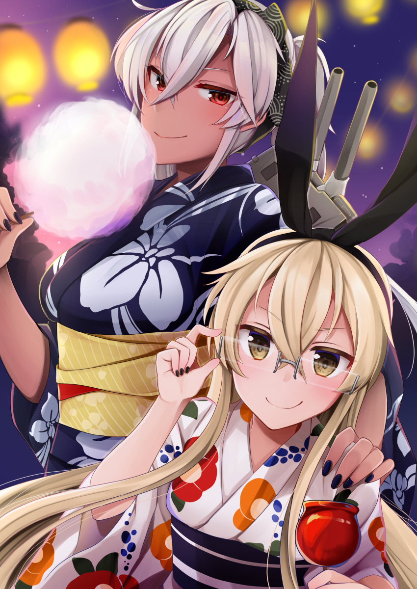 absurdres adjusting_eyewear bespectacled black_hairband blonde_hair blue_kimono blurry brown_eyes candy_apple cannon commentary_request cotton_candy cowboy_shot dark_skin depth_of_field floral_print food glasses hairband height_difference highres japanese_clothes kantai_collection kimono lantern long_hair machinery multiple_girls musashi_(kantai_collection) night no_eyewear ponytail print_kimono red_eyes shimakaze_(kantai_collection) silver_hair turret white_kimono yukata yunamaro