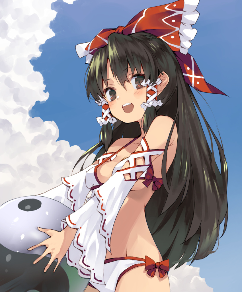 adapted_costume ball beachball bikini black_hair blue_sky blush bow breasts brown_eyes cloud commentary_request day detached_sleeves eyebrows_visible_through_hair hair_between_eyes hair_bow hair_tubes hakurei_reimu highres holding holding_ball long_hair looking_at_viewer medium_breasts nuqura open_mouth red_bow sky solo swimsuit touhou white_bikini yin_yang