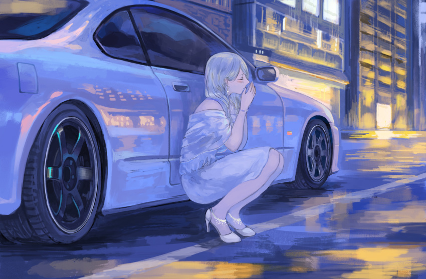 bare_shoulders blue_hair building car closed_eyes closed_mouth commentary_request dress ground_vehicle high_heels highres long_hair momo_hiki motor_vehicle night nissan_s15_silvia nissan_silvia original personification road shawl solo squatting street urban