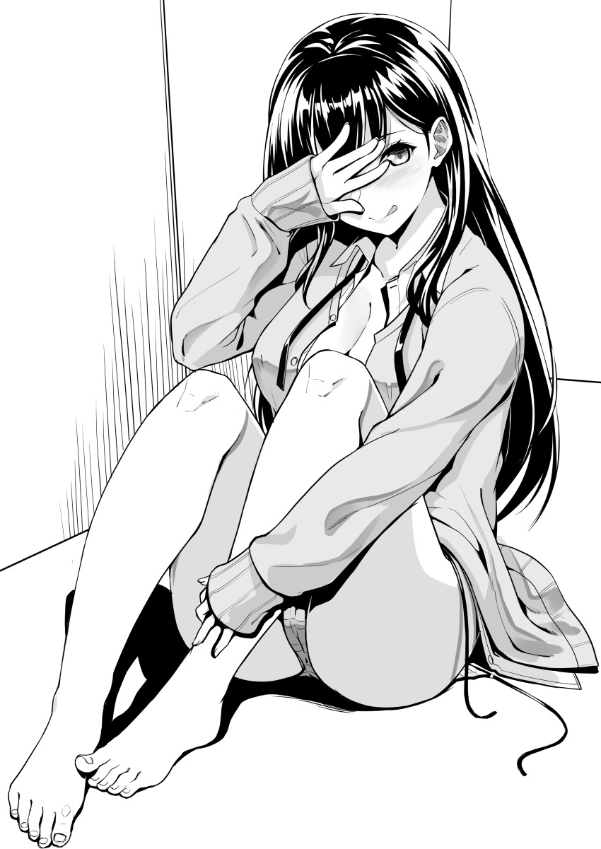 :q absurdres arm_up bangs bare_legs barefoot blush breasts cameltoe cleavage collarbone collared_shirt commentary_request covering_face dress_shirt full_body greyscale highres jacket knees_up large_breasts legs long_hair long_sleeves looking_at_viewer monochrome no_pants open_clothes open_jacket original panties shiny shiny_hair shirt side-tie_panties simple_background sitting sleeves_past_wrists solo straight_hair striped striped_panties toes tonbo tongue tongue_out unbuttoned unbuttoned_shirt underwear untied untied_panties very_long_hair