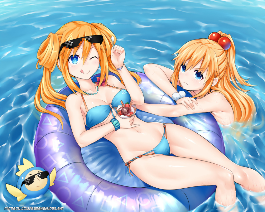 ;q bikini blue_bikini blue_eyes blush bracelet breasts cleavage collarbone day deal_with_it double_bun fang food frown groin hair_between_eyes highres holding holding_food holding_spoon ice_cream innertube jewelry long_hair looking_at_viewer medium_breasts multiple_girls navel necklace neptune_(series) ocean one_eye_closed orange_hair orange_heart outdoors partially_submerged pearl_bracelet pearl_necklace pish ponytail power_symbol sereneandsilent shin_jigen_game_neptune_vii soaking_feet spoon sunglasses swimming swimsuit symbol-shaped_pupils tongue tongue_out twintails umio_(choujigen_game_neptune)