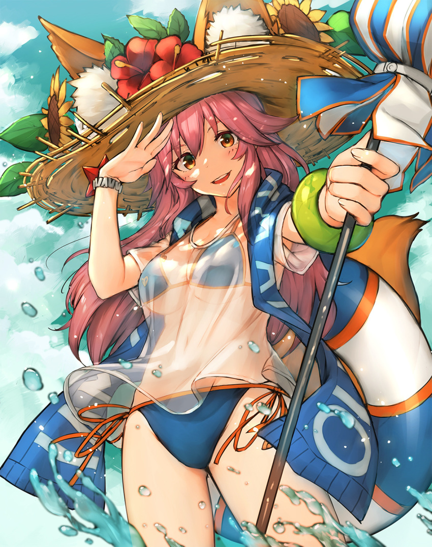 :d bikini blue_bikini blue_sky blush breasts brown_eyes cloud day ears_through_headwear fate/grand_order fate_(series) flower hand_up hat hat_flower highres holding kotoribako large_breasts leaf looking_at_viewer open_mouth outdoors parted_lips pink_hair red_flower salute see-through shirt side-tie_bikini sky smile solo standing straw_hat sunflower swimsuit tamamo_(fate)_(all) tamamo_no_mae_(swimsuit_lancer)_(fate) wading water wristband