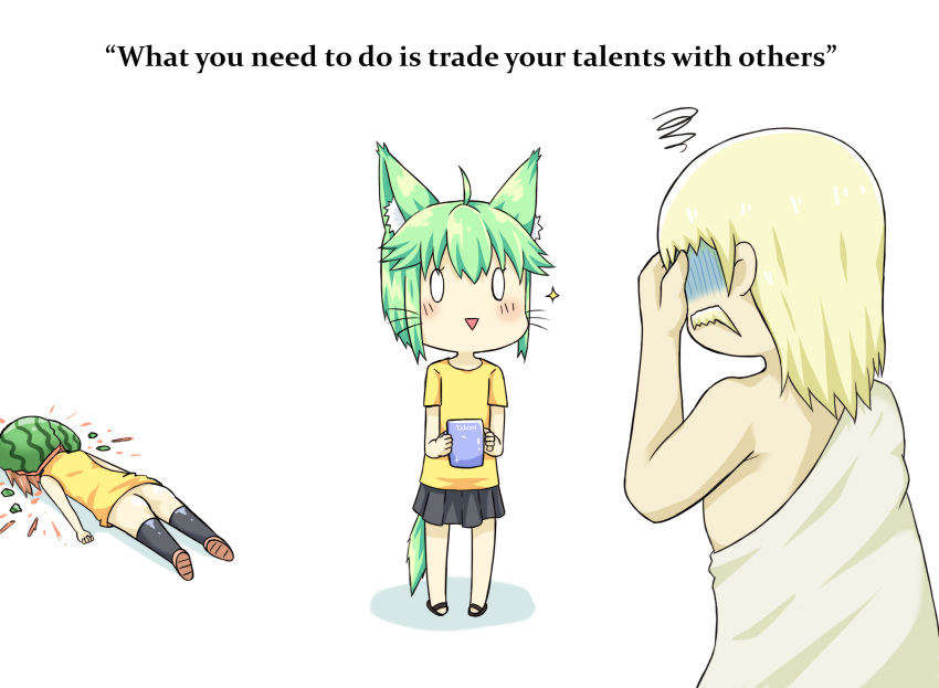 2girls ahoge animal_ear_fluff animal_ears ass bangs bare_arms bare_shoulders black_footwear black_legwear black_skirt blonde_hair blush brown_footwear brown_hair cup dress english eyebrows_visible_through_hair facepalm food fruit green_hair greenteaneko greenteaneko-chan hair_between_eyes highres holding holding_cup long_hair lying mug multiple_girls no_panties on_stomach original pleated_skirt sandals shoe_soles short_hair skirt sleeveless sleeveless_dress sparkle squiggle tail thighhighs turn_pale watermelon whiskers white_background white_robe yellow_dress