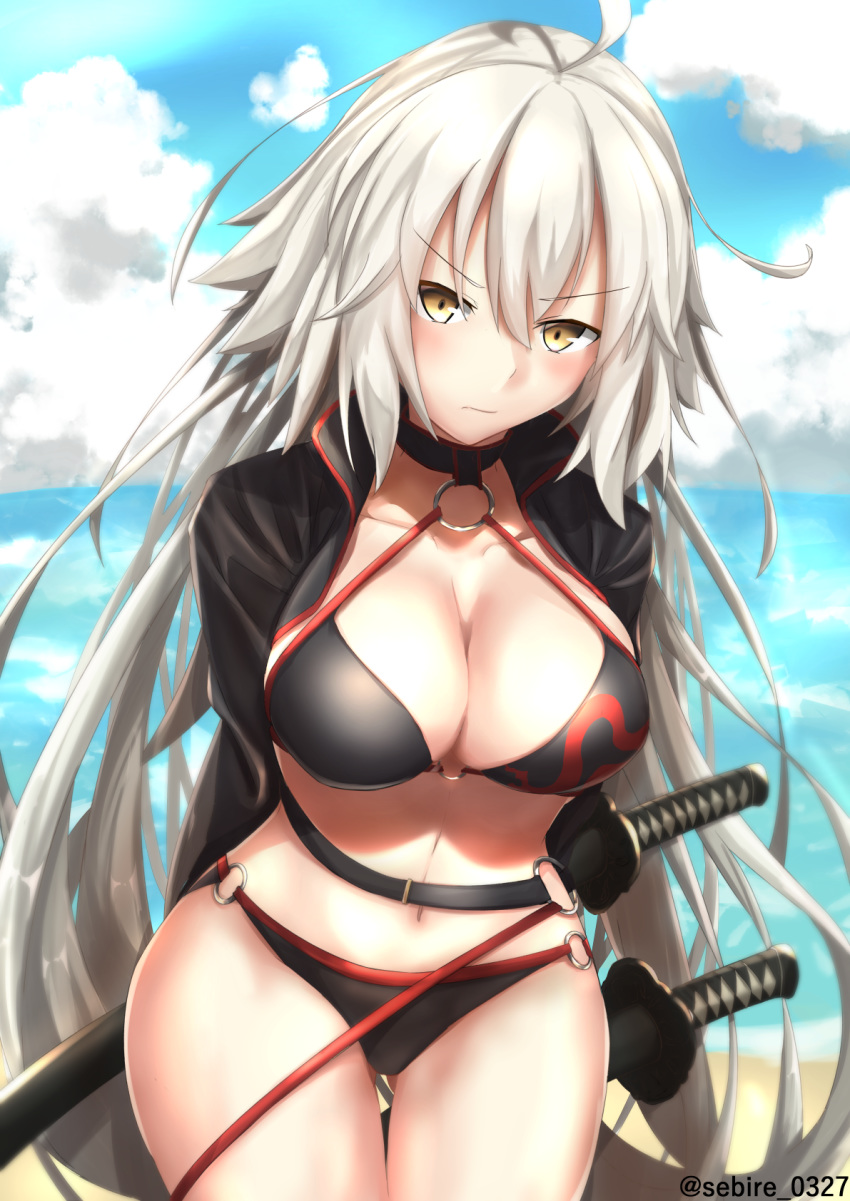 ahoge arms_behind_back beach belt bikini black_bikini black_jacket blush breasts choker cleavage cloud cloudy_sky collarbone commentary_request day fate/grand_order fate_(series) highres jacket jeanne_d'arc_(alter_swimsuit_berserker) jeanne_d'arc_(fate)_(all) katana large_breasts leaning_forward long_hair looking_at_viewer navel o-ring o-ring_bikini ocean open_clothes open_jacket sebire shrug_(clothing) silver_hair sky solo swimsuit sword twitter_username very_long_hair weapon yellow_eyes