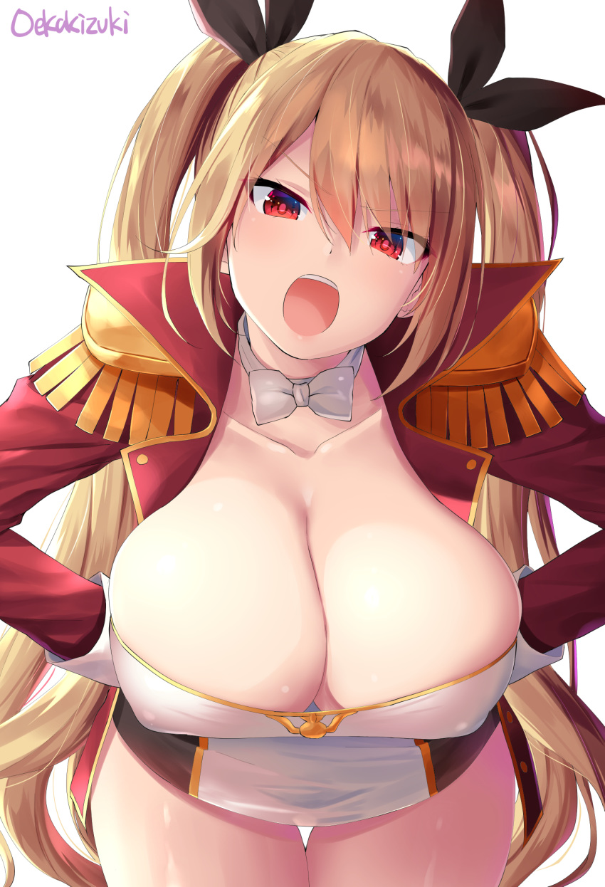 azur_lane bangs black_ribbon blonde_hair bow bowtie breasts cleavage collarbone commentary covered_nipples dress epaulettes eyebrows_visible_through_hair frown hair_between_eyes hair_ribbon highres jacket large_breasts leaning_forward long_hair long_sleeves looking_at_viewer low_twintails nelson_(azur_lane) oekakizuki open_clothes open_jacket open_mouth red_eyes ribbon signature solo thighs twintails very_long_hair white_background