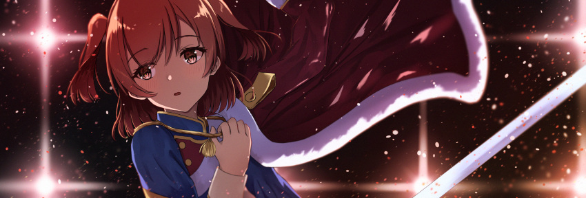 aijou_karen atychi bangs black_background blush brown_eyes brown_hair double-breasted eyebrows_visible_through_hair eyelashes fur_trim highres holding holding_sword holding_weapon jacket_on_shoulders looking_away petals sash shoujo_kageki_revue_starlight solo stage_lights sword two_side_up upper_body weapon