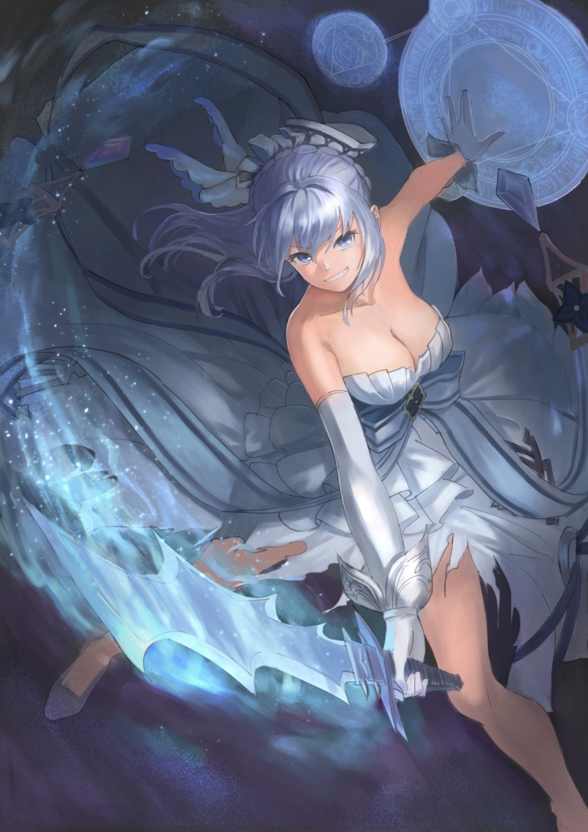 bangs blue_dress blue_eyes blue_footwear blue_hair breasts cleavage commentary_request dress fighting_stance gloves granblue_fantasy highres holding holding_sword holding_weapon long_hair looking_at_viewer magic medium_breasts silver_hair slashing smile solo sword therese_(granblue_fantasy) wasabi60 weapon white_gloves