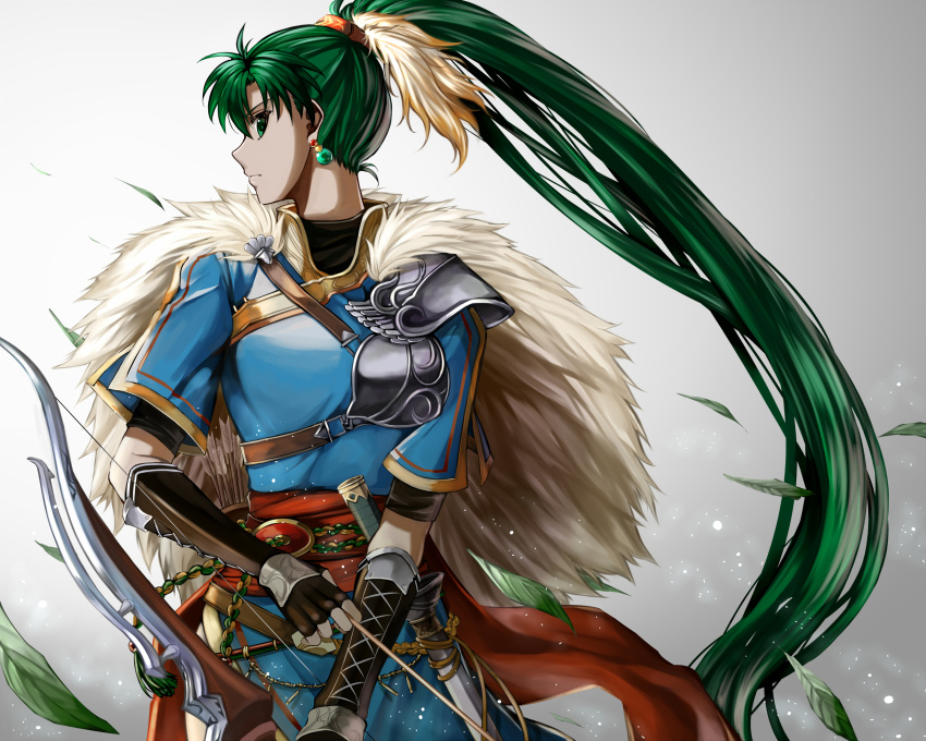 arrow bow_(weapon) bracer breasts cape capelet cowboy_shot delsaber dress earrings expressionless feathers fire_emblem fire_emblem:_rekka_no_ken fire_emblem_heroes fur_cape gauntlets green_eyes green_hair grey_background hair_feathers highres jewelry leaf long_hair long_ponytail looking_at_viewer lyndis_(fire_emblem) medium_breasts pelvic_curtain ponytail profile short_sleeves shoulder_armor solo turtleneck very_long_hair weapon wind