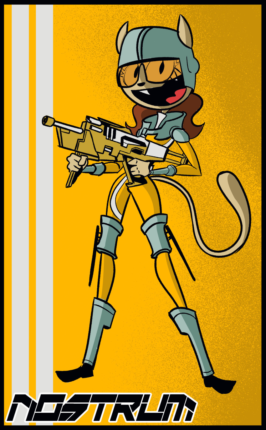 anthro armor cat clothed clothing feline female gun helmet looking_at_viewer mammal ranged_weapon rifle smile solo triatelx weapon