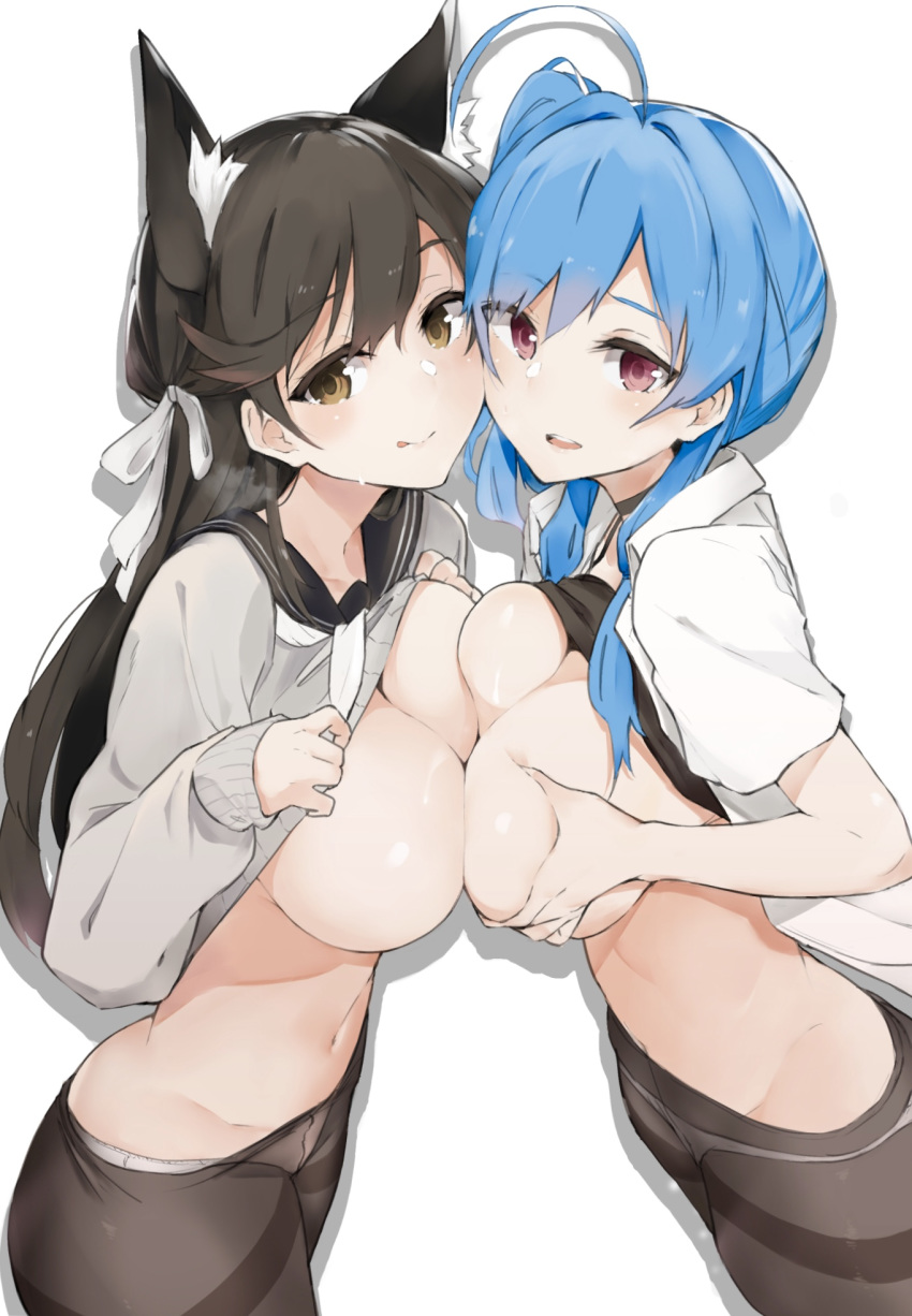 :p ahoge animal_ear_fluff animal_ears atago_(azur_lane) azur_lane black_hair black_legwear blue_hair blush breast_press breasts brown_eyes cardigan clothes_lift commentary extra_ears highres large_breasts long_hair looking_at_viewer multiple_girls muteki_soda navel no_pants open_clothes panties panties_under_pantyhose pantyhose parted_lips purple_eyes ribbon simple_background st._louis_(azur_lane) symmetrical_docking thighband_pantyhose tongue tongue_out underwear uniform white_background white_ribbon yuri