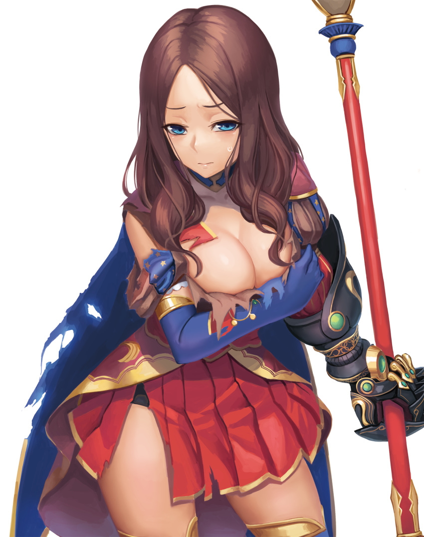 arm_under_breasts bangs blue_cape blue_eyes blue_gloves blue_legwear breast_hold breasts brown_hair cape cleavage closed_mouth collarbone commentary_request covering covering_breasts elbow_gloves fate/grand_order fate_(series) gloves half-closed_eyes highres holding holding_staff large_breasts leonardo_da_vinci_(fate/grand_order) long_hair looking_at_viewer mechanical_arm parted_bangs pleated_skirt ranma_(kamenrideroz) red_skirt simple_background single_elbow_glove skirt solo staff standing star star_print sweatdrop thighhighs torn_clothes wavy_hair white_background