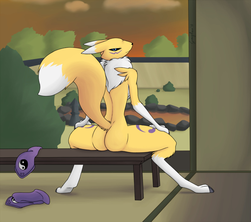 butt digimon discarded_clothing female gravyfox inviting looking_at_viewer mammal nude renamon solo spread_legs spreading