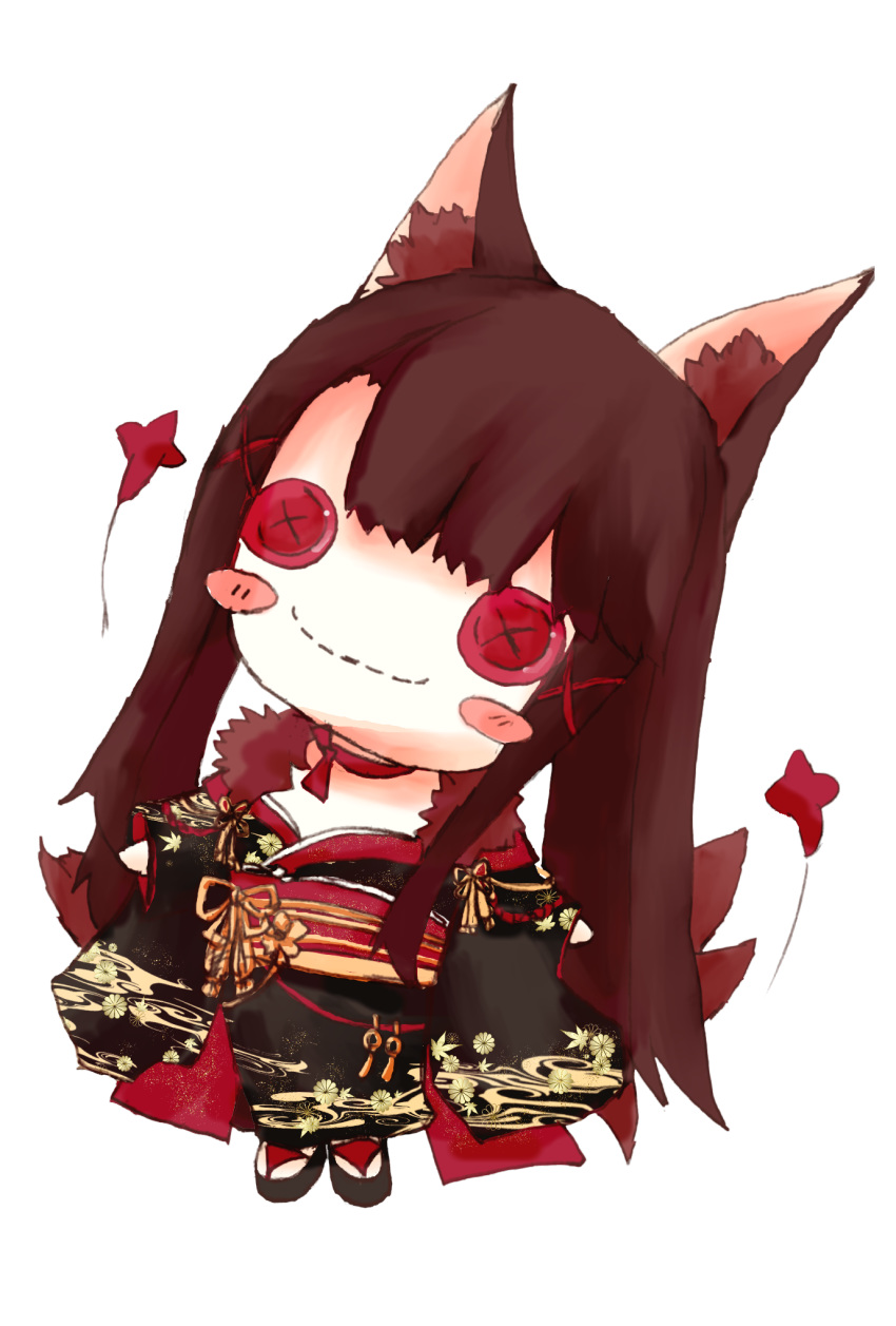 animal_ear_fluff animal_ears azur_lane bangs black_kimono blunt_bangs blush_stickers breasts brown_hair button_eyes character_doll closed_mouth commentary fox_ears fox_girl full_body hair_ornament head_tilt highres japanese_clothes kimono kotono_(yufugure) long_hair long_sleeves looking_at_viewer no_humans obi print_kimono red_eyes sash smile stitched_mouth stitches transparent_background wide_sleeves x_hair_ornament
