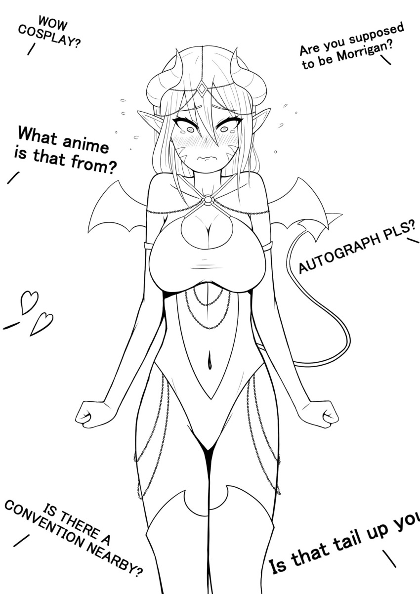 1girl bat_wings blush breasts demon_girl demon_tail horns large_breasts long_hair long_legs navel pointy_ears sketch succubus tail the_only_shoe wings