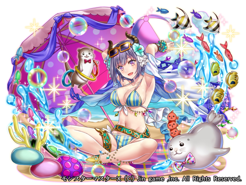 :d anklet armpits arms_up ball bare_shoulders barefoot beach beach_umbrella beachball bikini blanket breasts bubble cleavage collarbone colored_stripes coral crossed_legs crystal egg eyewear_on_head fantasy fish flower front-tie_bikini front-tie_top gem grey_hair hair_flower hair_ornament hair_ribbon hakuda_tofu hibiscus holding_beachball horns indian_style jewelry looking_at_viewer monster_girl monster_master_x navel ocean official_art open_mouth otter plaid_blanket purple_eyes ribbon ring scrunchie seal see-through sitting smile sparkle strap_gap striped striped_bikini sunglasses swimsuit thighlet tropical_fish umbrella vertical-striped_bikini vertical_stripes water water_ring watermark wet wet_clothes wrist_cuffs wrist_scrunchie