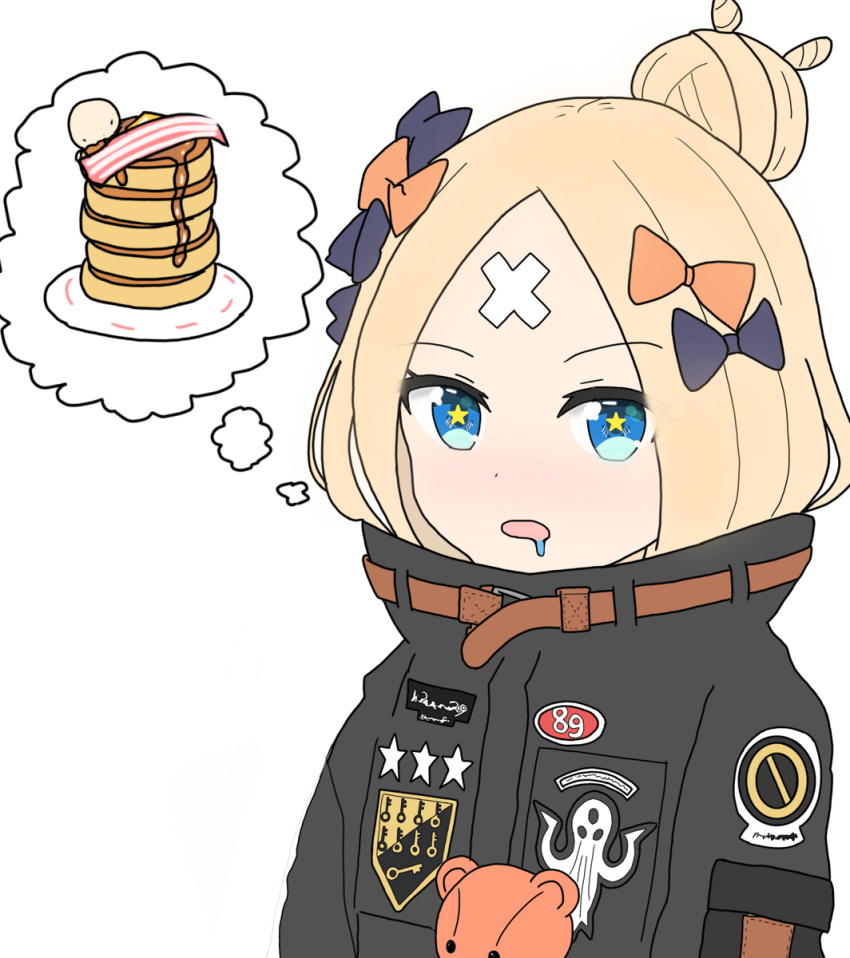 abigail_williams_(fate/grand_order) atsumisu bacon bangs black_jacket blonde_hair blue_eyes bow commentary_request crossed_bandaids drooling fate/grand_order fate_(series) food hair_bow hair_bun heroic_spirit_traveling_outfit highres hungry imagining jacket looking_at_viewer pancake parted_bangs simple_background sketch solo star star-shaped_pupils stuffed_animal stuffed_toy symbol-shaped_pupils teddy_bear upper_body white_background