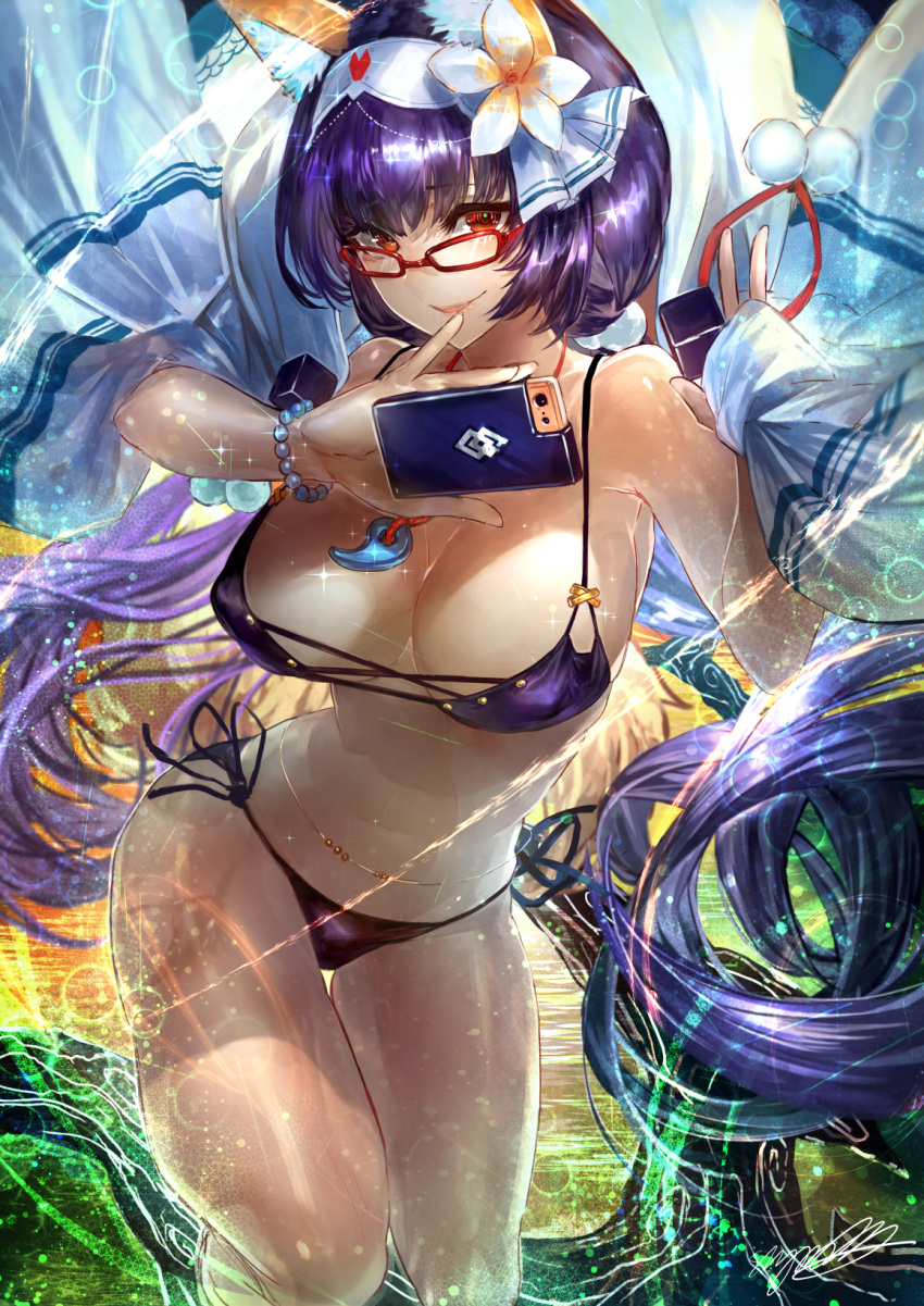 abstract_background alternate_hair_color animal_ear_fluff animal_ears bare_shoulders belly_chain bikini black_bikini branch breasts cellphone cleavage cloak commentary_request cross-laced_clothes fate/grand_order fate_(series) flower fox_ears fox_girl fox_tail glasses hair_flower hair_ornament highres holding holding_cellphone holding_phone hood hood_down hooded_cloak jewelry lady_foxy large_breasts long_hair looking_at_viewer low_twintails magatama magatama_necklace multi-strapped_bikini necklace osakabe-hime_(fate/grand_order) phone purple_hair rectangular_eyewear red-framed_eyewear red_eyes shiny shiny_hair side-tie_bikini signo_aaa smartphone smartphone_case smile solo sparkle swimsuit tail twintails very_long_hair white_cloak