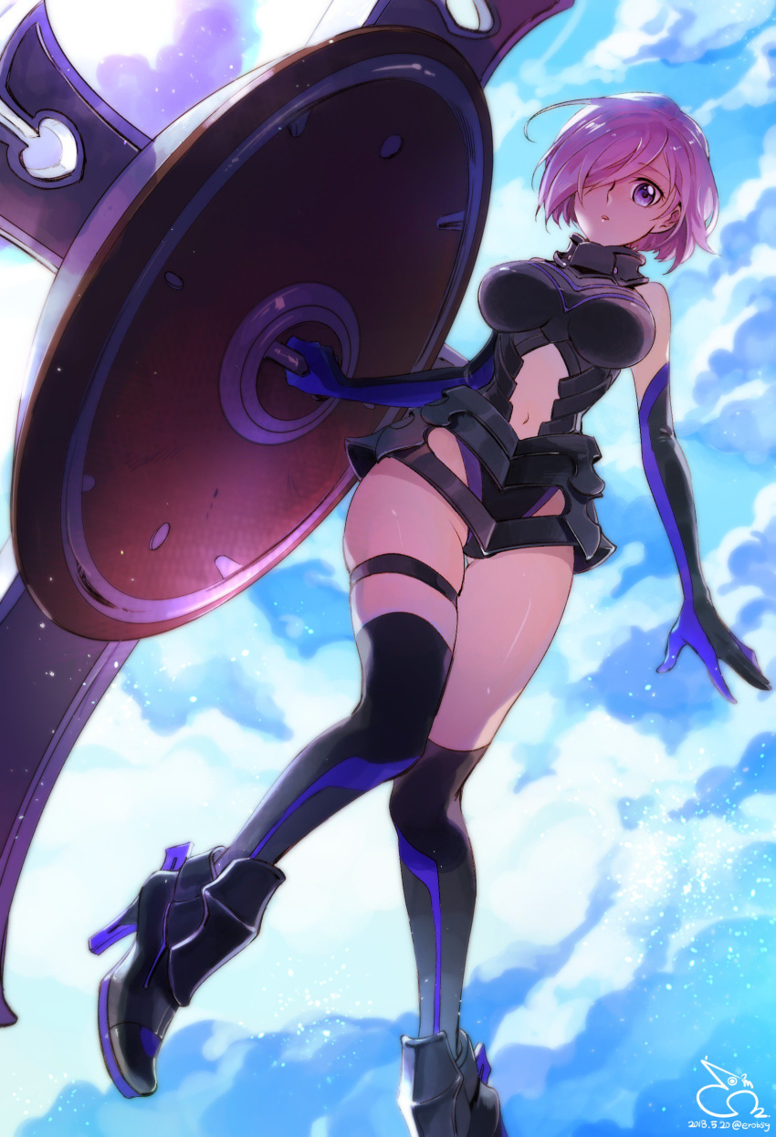 302 absurdres bare_shoulders blue_sky breasts cloud collar day elbow_gloves fate/grand_order fate_(series) gloves hair_over_one_eye high_heels highres kneehighs knees_together_feet_apart large_breasts legband leotard mash_kyrielight multicolored multicolored_clothes multicolored_gloves navel pink_eyes pink_hair shield short_hair sky solo