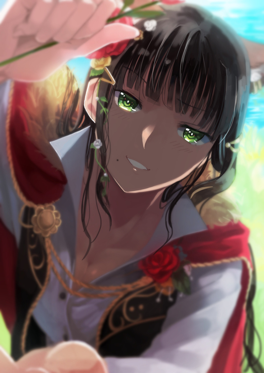 absurdres animal_ears bangs black_hair blunt_bangs blurry boutonniere breasts brooch cape cleavage commentary depth_of_field face flower gold_trim green_eyes grin hair_flower hair_ornament head_tilt highres holding holding_flower jewelry kawaoka_(tsuchinokome) kurosawa_dia long_hair looking_at_viewer love_live! love_live!_sunshine!! mole mole_under_mouth popped_collar red_cape smile solo upper_body wolf_ears