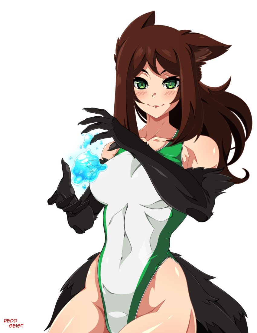animal_ear_fluff animal_ears bangs bare_arms bare_shoulders black_coat blush breasts brown_hair closed_mouth commentary competition_swimsuit covered_navel cowboy_shot english_commentary green_eyes hands_up highleg highleg_swimsuit highres large_breasts long_hair looking_at_viewer magic monster_girl one-piece_swimsuit original paws reddgeist signature simple_background slit_pupils smile solo swimsuit water white_background white_swimsuit
