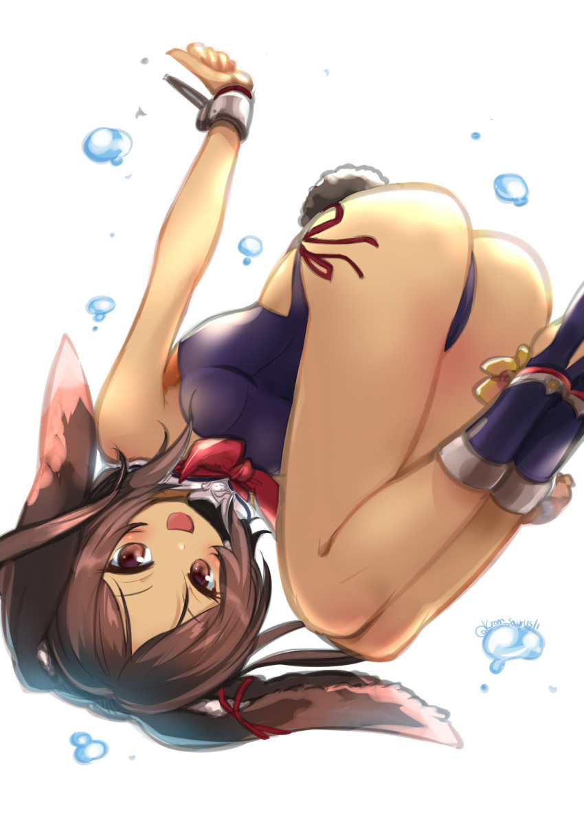 animal_ears ass azur_lane bare_shoulders brown_eyes brown_hair bubble bunny_ears bunny_tail commentary_request dark_skin detached_collar highres i-26_(azur_lane) knees_up kurono_tokage legs one-piece_swimsuit open_mouth sailor_collar short_hair smile solo strapless strapless_swimsuit swimsuit tail upside-down