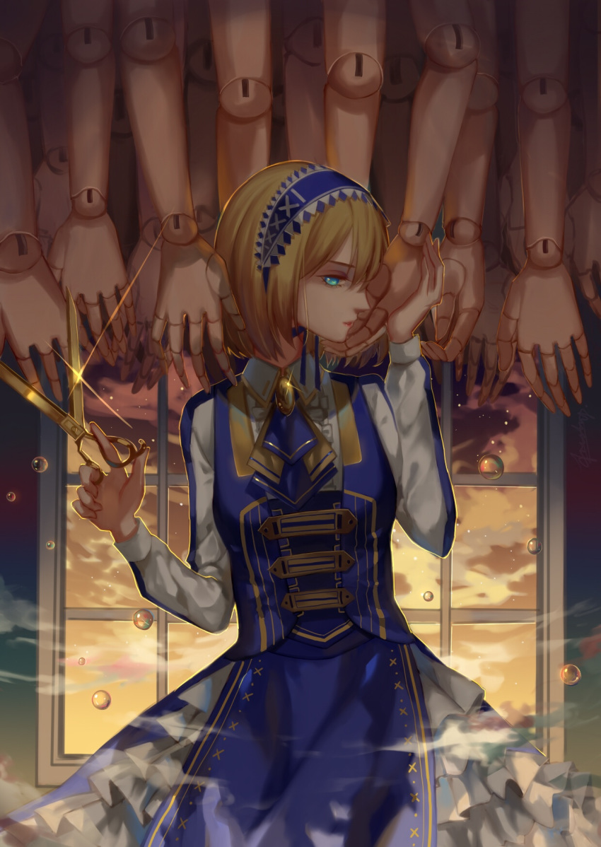 alice_margatroid alternate_costume blonde_hair blue_eyes blue_ribbon breasts center_frills cloud collar commentary_request doll_joints frills headdress highres indoors long_sleeves looking_at_viewer parted_lips profile ribbon scissors short_hair solo touhou window ze_xia