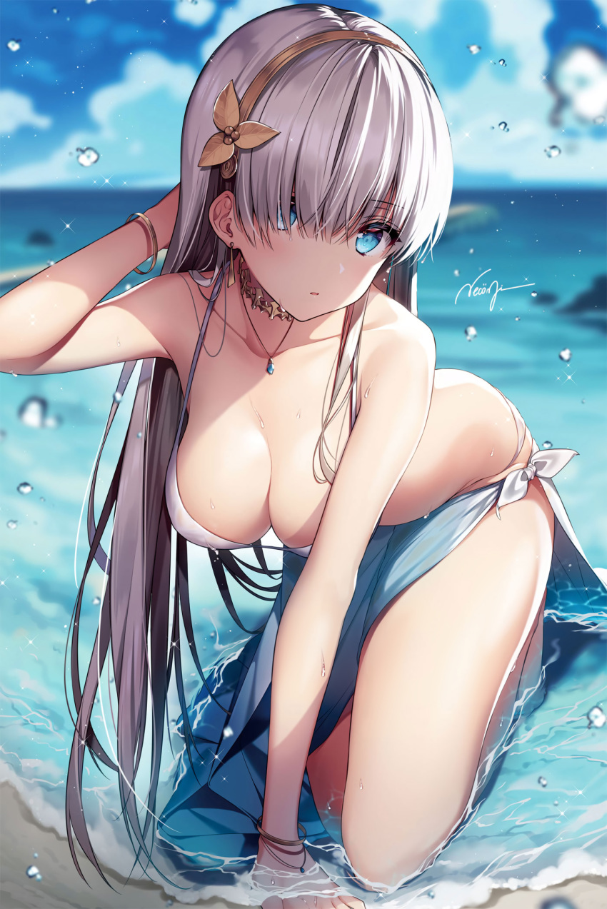 all_fours anastasia_(fate/grand_order) arm_up bangs bare_shoulders beach bikini blue_eyes blue_sky blurry bracelet breasts cleavage cloud collarbone day depth_of_field detexted earrings eyebrows_visible_through_hair fate/grand_order fate_(series) hair_between_eyes hair_over_one_eye hairband head_tilt highres horizon jewelry large_breasts long_hair looking_at_viewer necklace necomi outdoors parted_lips sarong signature silver_hair sky solo strap_gap swimsuit third-party_edit very_long_hair water water_drop wet white_bikini