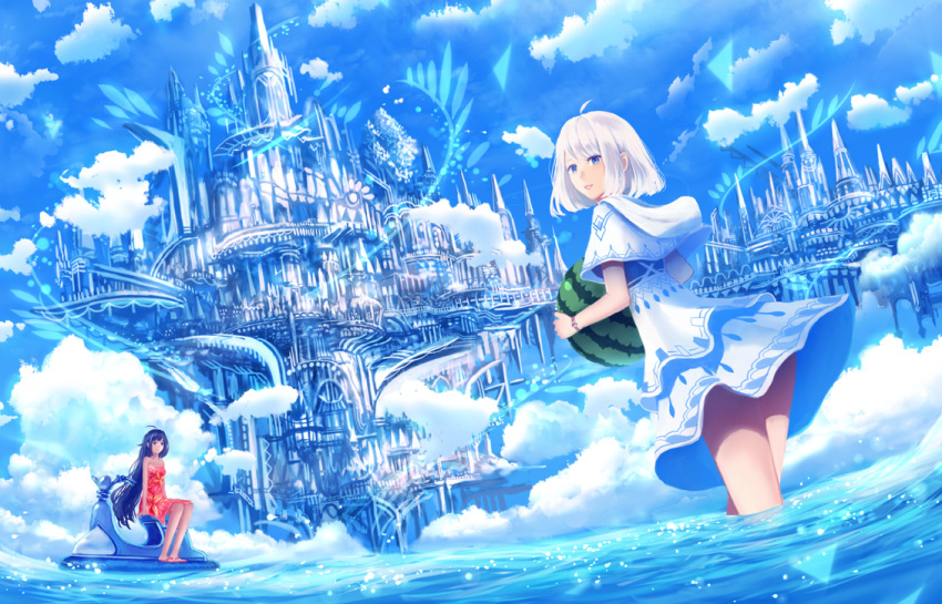 ahoge bangs blue blue_eyes blue_sky capelet castle cloud cloudy_sky commentary_request dress fantasy floral_print fog food fruit holding hood hood_down hooded_capelet jet_ski long_hair looking_at_viewer looking_back multiple_girls original parted_lips red_dress sakimori_(hououbds) sandals scenery short_hair sitting sky smile standing very_long_hair wading watch water watermelon white_capelet white_dress wristwatch