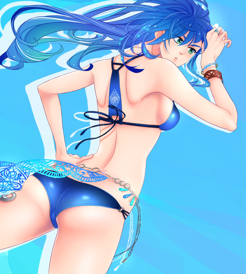 1girl alternate_costume artist_request ass bare_shoulders bikini blue_hair blush bracelet breasts butt_crack earrings from_behind green_eyes jewelry long_hair looking_at_viewer looking_back maria_traydor medium_breasts ring shiny shiny_hair shiny_skin sideboob solo standing star_ocean star_ocean_anamnesis star_ocean_till_the_end_of_time swimsuit underboob