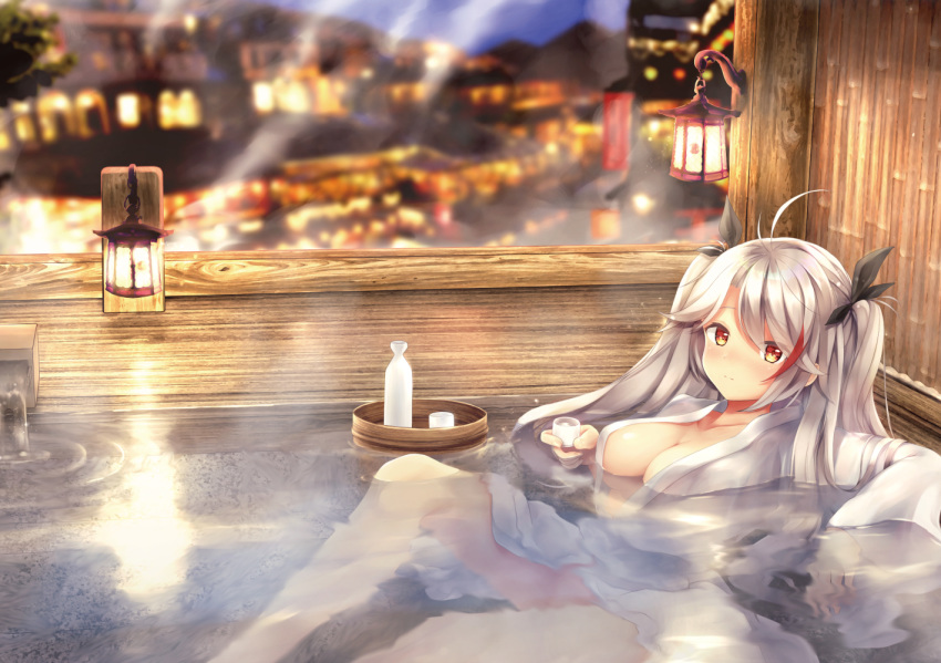 ahoge azur_lane blush breasts brown_eyes choko_(cup) city_lights closed_mouth commentary_request cup hair_ribbon holding lantern large_breasts long_hair looking_at_viewer multicolored_hair partially_submerged prinz_eugen_(azur_lane) reclining ribbon rupe_paperu silver_hair solo steam tokkuri two-tone_hair two_side_up water